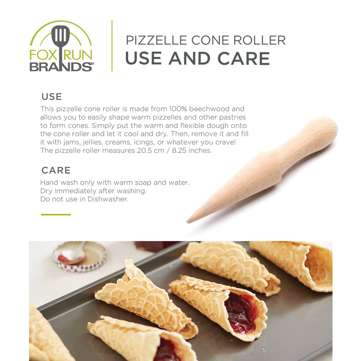 The Krumkake Cone Roller (Beechwood, 1.5" x 1.5" x 8.25") sits beside jam-filled pizzelle cones; use and care instructions are shown above.
