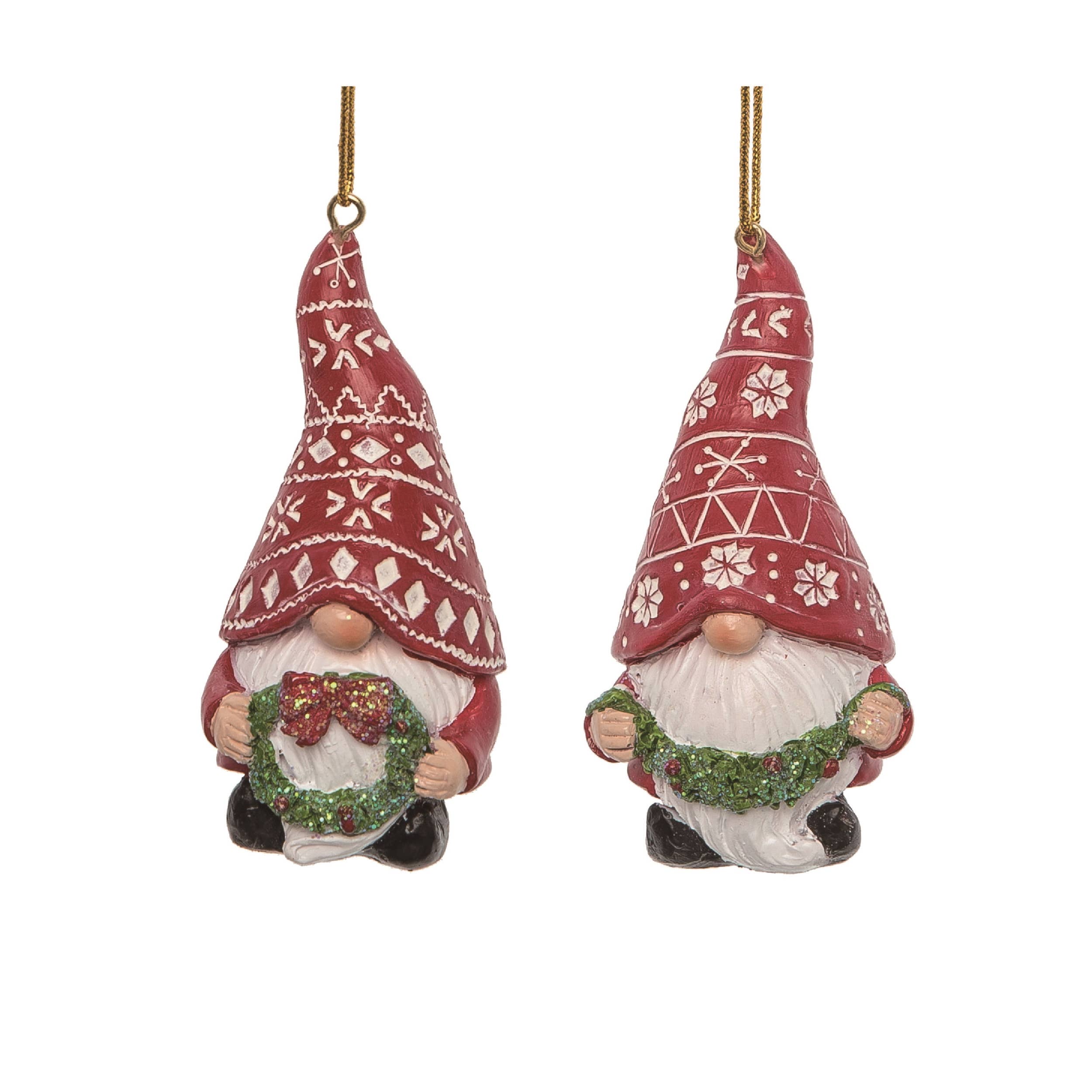 Two Gnome: Gnome with Wreath or Holly ornaments, each with a patterned red hat and gold string, hold holly wreaths against a white background.