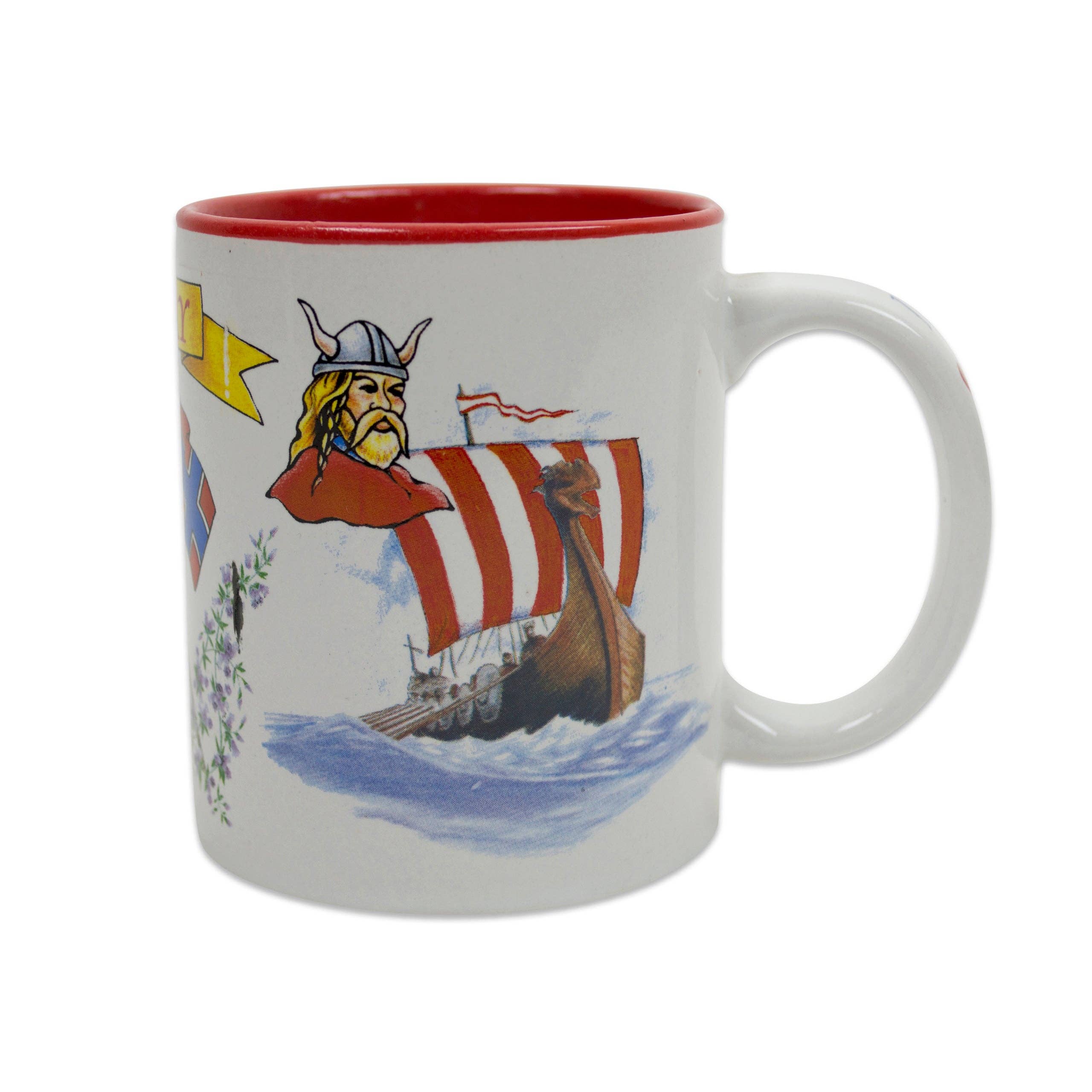 The I Love Norway coffee mug features a white exterior and red interior, adorned with Norwegian graphics including a Viking head, a longship with red and white sails, and floral designs, making it a perfect gift or souvenir.