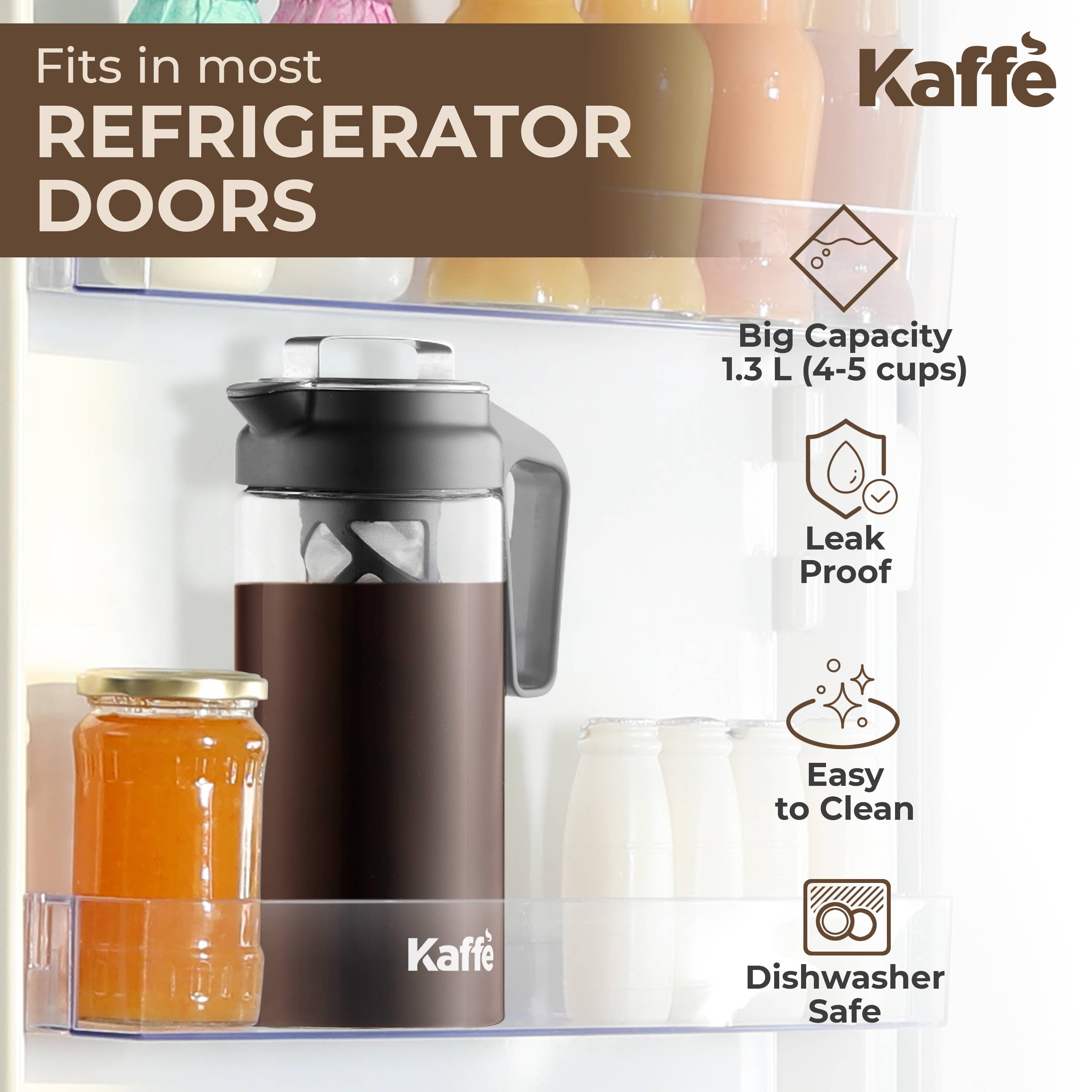 The Kaffe Cold Brew Coffee Maker, a 1.3L glass pitcher with a stainless steel mesh filter, fits in your fridge door. It features a leak-proof design, is easy to clean, and dishwasher safe—perfect for smooth cold brew at home.