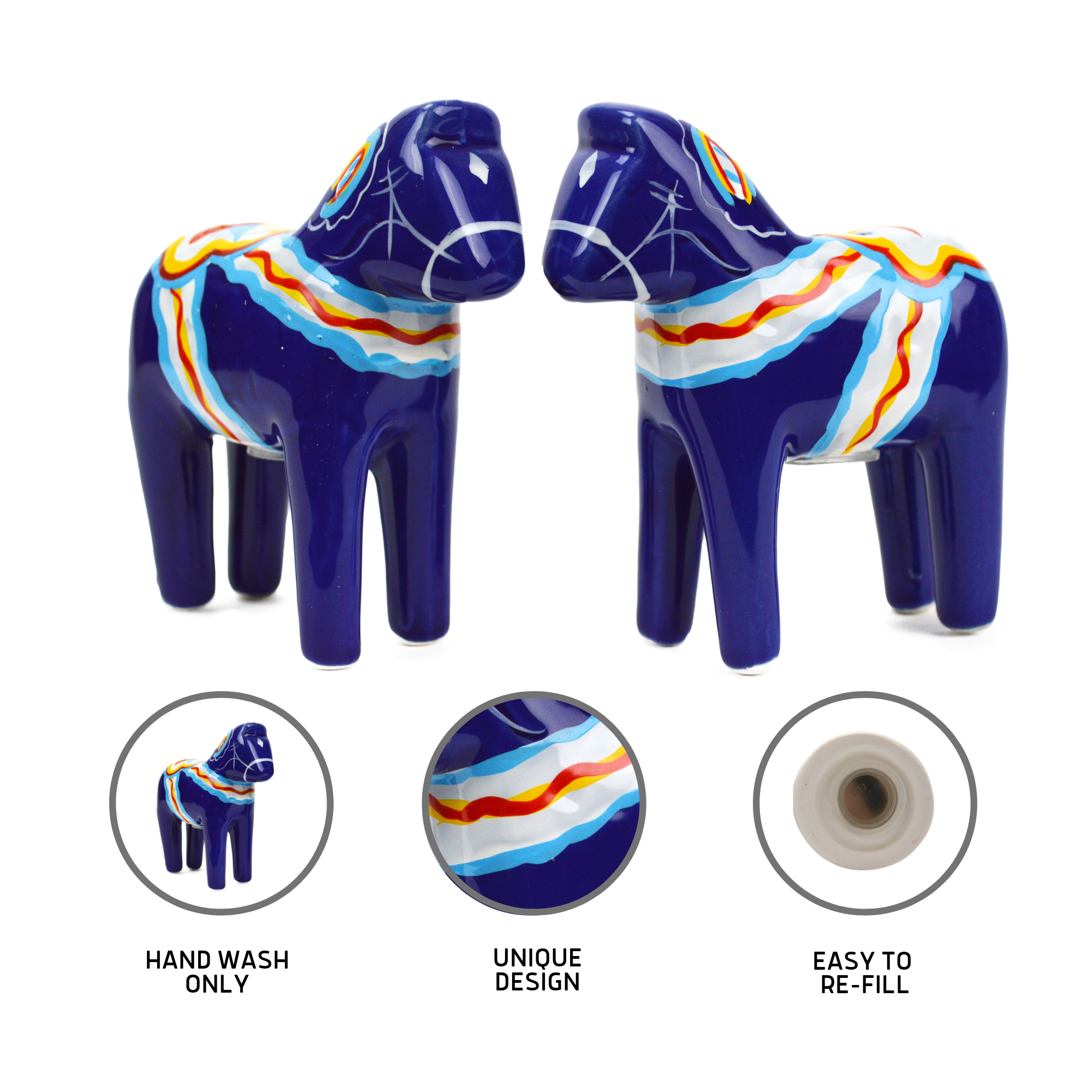 Add Scandinavian charm to your kitchen with the Blue Swedish Dala Horse Salt and Pepper Shaker set—two blue ceramic horse-shaped containers with colorful stripes, unique design, easy to refill, and hand wash only. Perfect decor for any table!.