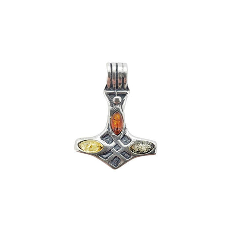 Pendant: Multi-Color Baltic Amber Thor's Hammer Pendant, 1" x 0.75", crafted in sterling silver with central amber and yellow and green stones—a bold addition to any jewelry collection.