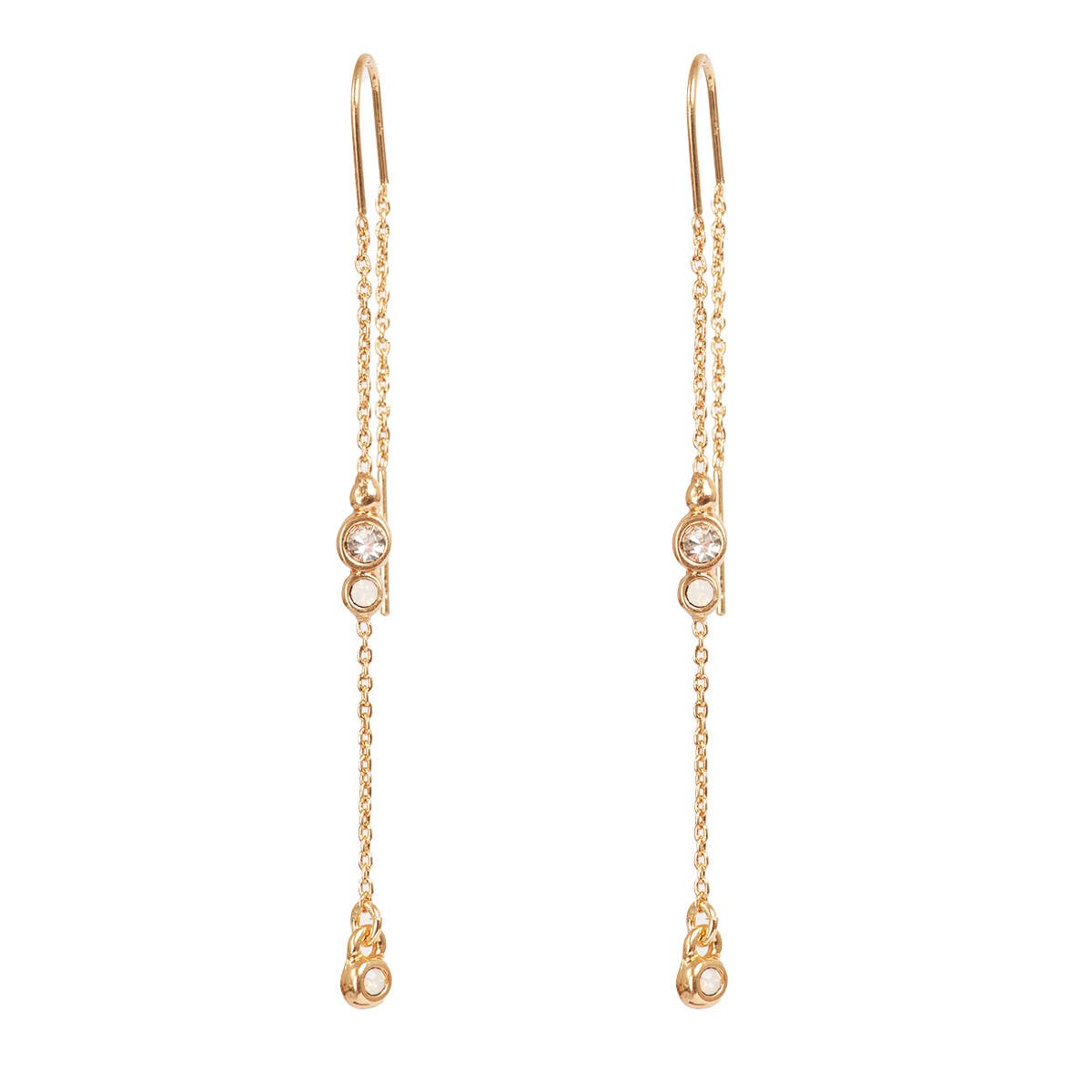 Earrings: A&C Oslo Long Crystal Chain Gold Earrings feature clear round gemstones and delicate gold chains with small dangling elements for a refined, organic look.