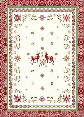 The Reindeer, Holly, & Snowflake Holiday Tea Towel is a 100% cotton 20 x 28 festive accessory featuring red and green borders, snowflakes, holly accents, and two red reindeer facing each other at the center.