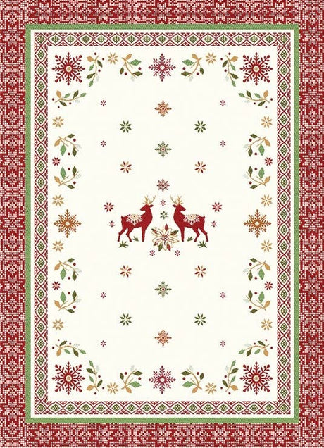 The Reindeer, Holly, & Snowflake Holiday Tea Towel is a 100% cotton 20 x 28 festive accessory featuring red and green borders, snowflakes, holly accents, and two red reindeer facing each other at the center.