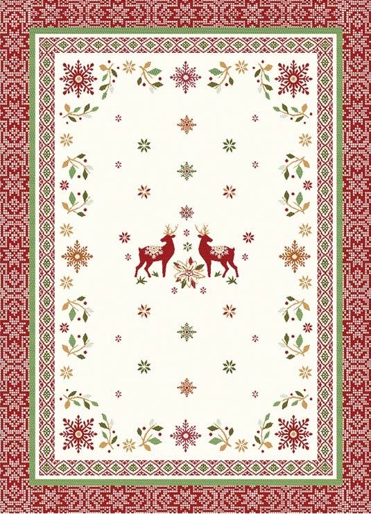 The Reindeer, Holly, & Snowflake Holiday Tea Towel is a 100% cotton 20 x 28 festive accessory featuring red and green borders, snowflakes, holly accents, and two red reindeer facing each other at the center.