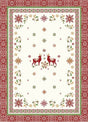 The Reindeer, Holly, & Snowflake Holiday Tea Towel is a 100% cotton 20 x 28 festive accessory featuring red and green borders, snowflakes, holly accents, and two red reindeer facing each other at the center.