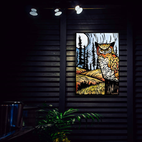 Wall Decor: Field of Dreams - Metal Box Art (Aluminum Box, 18" x 26" x 3") features a great horned owl in a stylized natural landscape—an elegant wildlife art piece for any space.