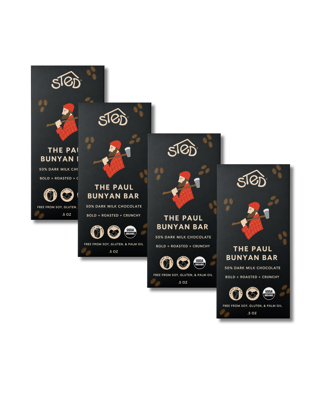 Four chocolate bars with black labels, each featuring an illustrated lumberjack and several certification icons along the bottom edge.