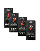 Four chocolate bars with black labels, each featuring an illustrated lumberjack and several certification icons along the bottom edge.