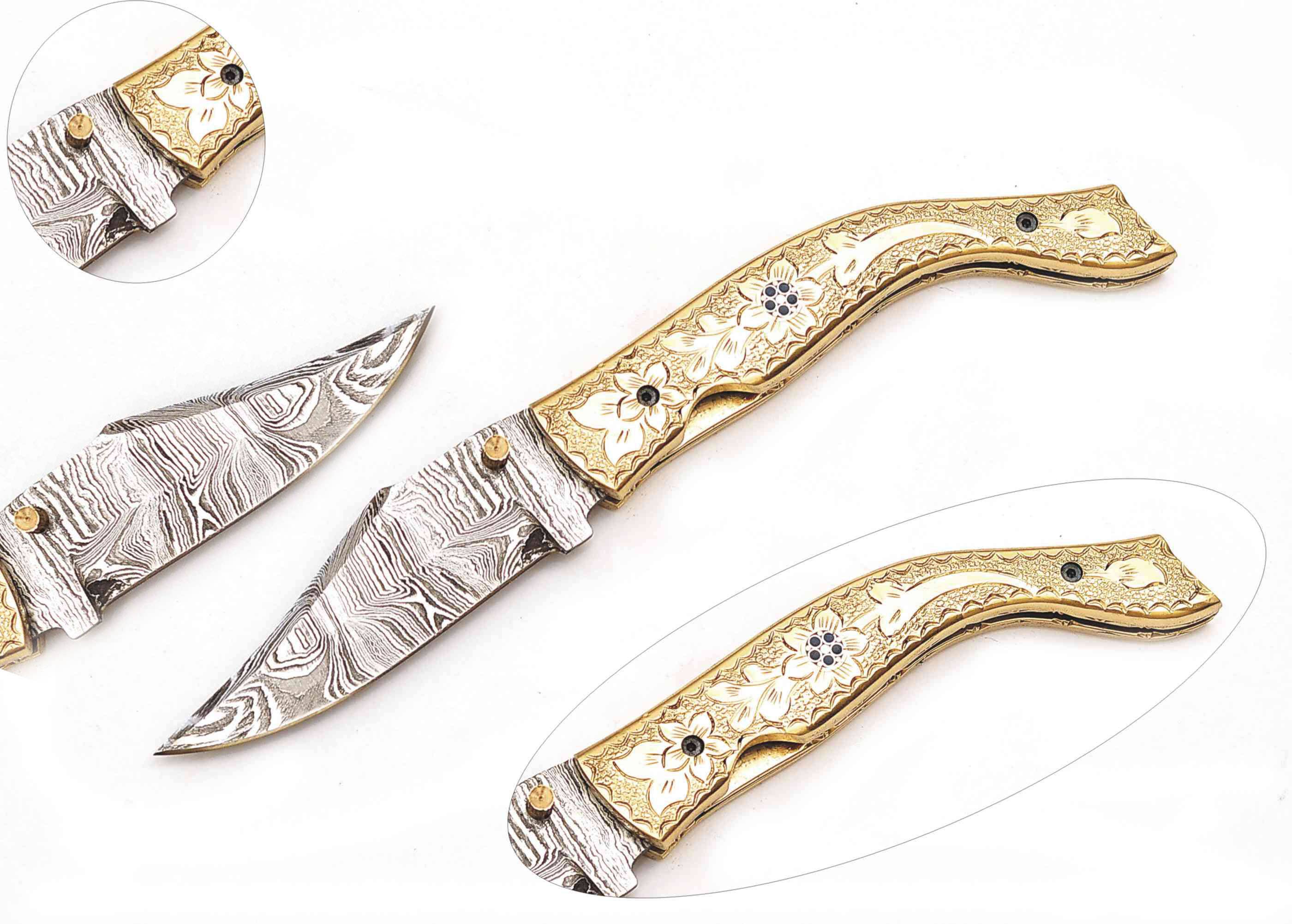 Exquisite Golden Folding Knife: A luxury knife with a stainless steel patterned blade and gold-toned handle featuring floral engravings, set against a white background.