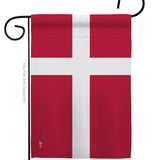 The Flag: Denmark Garden Flag - Danish Nationality Home Decor Flag features a red flag with a white Scandinavian cross, resembling Denmarks national flag, displayed on a black metal holder and made from weather-resistant fabric.