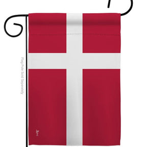The Flag: Denmark Garden Flag - Danish Nationality Home Decor Flag features a red flag with a white Scandinavian cross, resembling Denmarks national flag, displayed on a black metal holder and made from weather-resistant fabric.