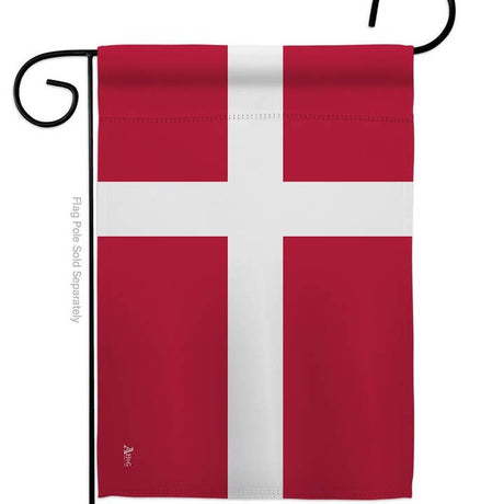 The Flag: Denmark Garden Flag - Danish Nationality Home Decor Flag features a red flag with a white Scandinavian cross, resembling Denmarks national flag, displayed on a black metal holder and made from weather-resistant fabric.