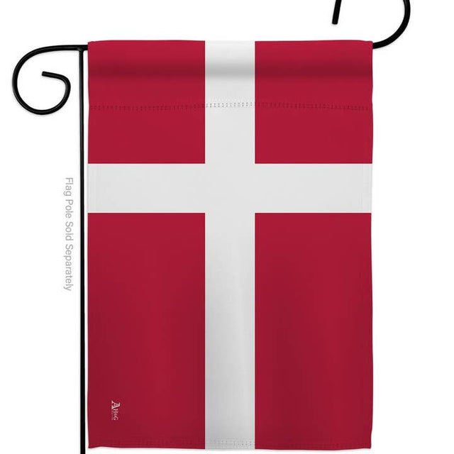 The Flag: Denmark Garden Flag - Danish Nationality Home Decor Flag features a red flag with a white Scandinavian cross, resembling Denmarks national flag, displayed on a black metal holder and made from weather-resistant fabric.