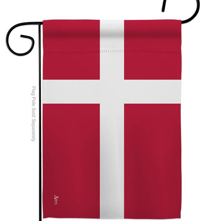The Flag: Denmark Garden Flag - Danish Nationality Home Decor Flag features a red flag with a white Scandinavian cross, resembling Denmarks national flag, displayed on a black metal holder and made from weather-resistant fabric.
