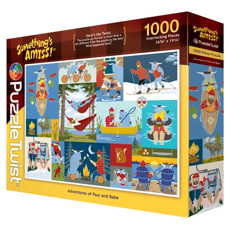 Jigsaw puzzle box with cartoon images of Paul Bunyan and Babe the Blue Ox, text reading “Somethings Amiss!” and “1000 pieces” visible on the front.