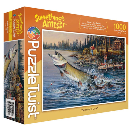 1000-piece jigsaw puzzle showing a large fish jumping out of a lake near a dock, with several people standing nearby watching the scene.
