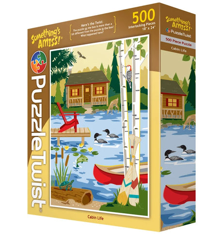 Jigsaw puzzle showing a lakeside cabin, red chair by the water, loons swimming, birch trees, fishing gear on the shore, and a woodpecker on a tree in an illustrated scene.