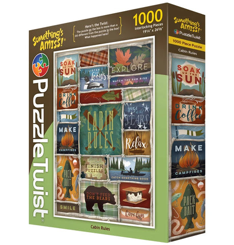 1000-piece puzzle showing colorful wooden signs with phrases such as Soak up the sun, Relax, and Make campfires arranged in a rustic cabin scene.