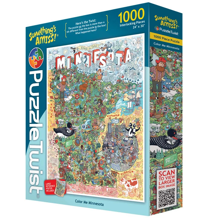1000-piece jigsaw puzzle box with a colorful Minnesota-themed illustration by Kevin Cannon, the text “Somethings Amiss!” and a visible QR code on the front.
