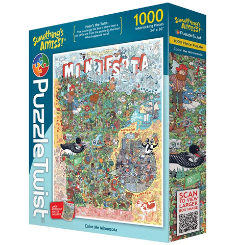 1000-piece jigsaw puzzle box with a colorful Minnesota-themed illustration by Kevin Cannon, the text “Somethings Amiss!” and a visible QR code on the front.