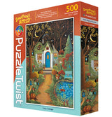 Box of PuzzleTwist Something's Amiss! Cozy Cottage 500 Piece puzzle by Mary Charles, featuring an illustrated autumn cottage scene with trees and a pond.