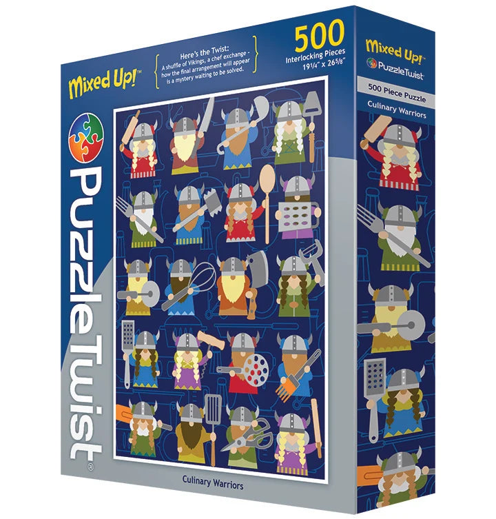 500-piece puzzle showing cartoon Viking warriors holding various culinary tools, arranged on a dark blue background.