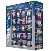 500-piece puzzle showing cartoon Viking warriors holding various culinary tools, arranged on a dark blue background.