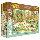1000-piece jigsaw puzzle showing a woodland scene with a gnome village, various animals, mushrooms, and plants.
