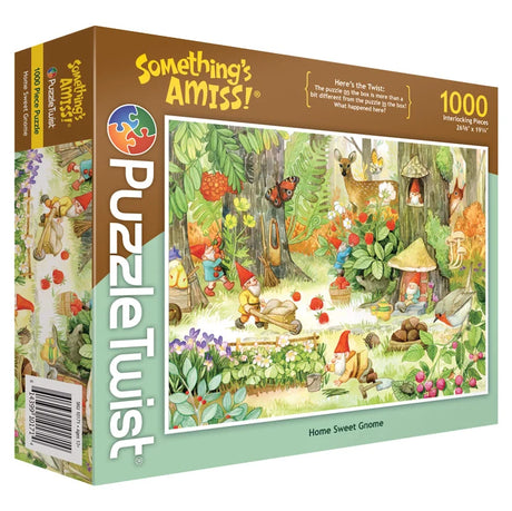 1000-piece jigsaw puzzle showing a woodland scene with a gnome village, various animals, mushrooms, and plants.