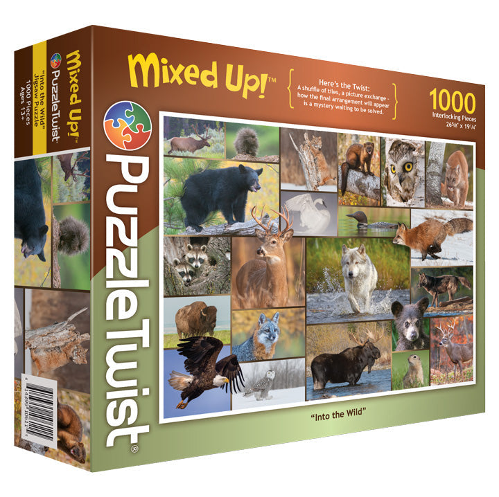 PuzzleTwist Mixed Up! Into the Wild 1000 piece puzzle by photographer Mike Lentz features stunning wildlife photos of bears, wolves, deer, birds, and foxes in their natural habitats.