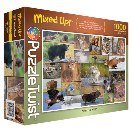PuzzleTwist Mixed Up! Into the Wild 1000 piece puzzle by photographer Mike Lentz features stunning wildlife photos of bears, wolves, deer, birds, and foxes in their natural habitats.