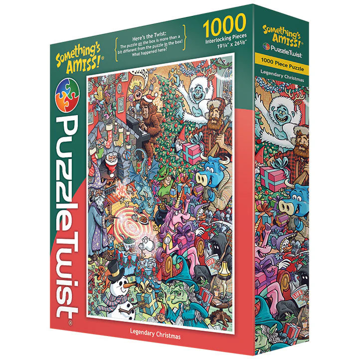 Box of PuzzleTwist: Legendary Christmas Puzzle (1,000 pieces), illustrated by Kevin Cannon, featuring a lively holiday scene filled with cartoon characters and festive decorations.