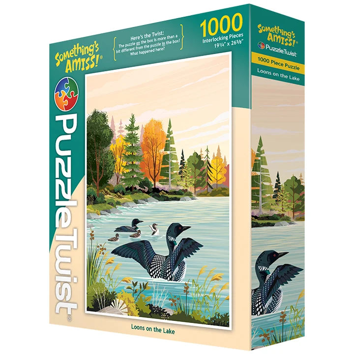 1000-piece jigsaw puzzle showing Minnesota loons swimming on a lake, surrounded by colorful fall trees and distant mountains.