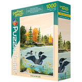 1000-piece jigsaw puzzle showing Minnesota loons swimming on a lake, surrounded by colorful fall trees and distant mountains.