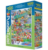 Box displaying a 1000 piece jigsaw puzzle with a colorful illustrated map of Minnesota landmarks and activities. Visible text: “Something’s Amiss!”.
