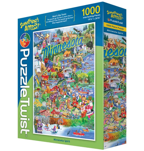 Box displaying a 1000 piece jigsaw puzzle with a colorful illustrated map of Minnesota landmarks and activities. Visible text: “Something’s Amiss!”.