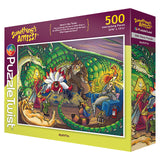 PuzzleTwist Something's Amiss! MythFits 500-piece puzzle by artist Sophie Koch, featuring mythical creatures and a green dragon in a living room scene.