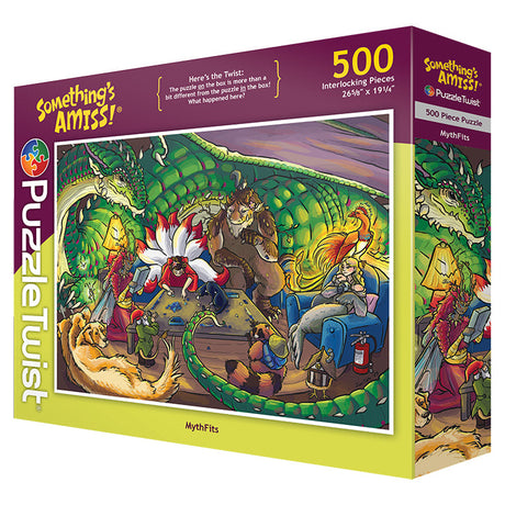 PuzzleTwist Something's Amiss! MythFits 500-piece puzzle by artist Sophie Koch, featuring mythical creatures and a green dragon in a living room scene.