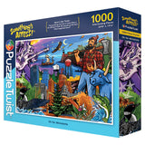 PuzzleTwist: Oh for Minnesota Puzzle is a 1000-piece jigsaw featuring colorful illustrations of Land of 10,000 Lakes landmarks and wildlife, with a lumberjack and wolf in the foreground.