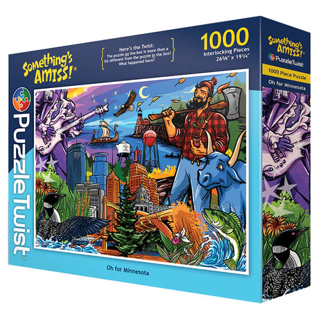 PuzzleTwist: Oh for Minnesota Puzzle is a 1000-piece jigsaw featuring colorful illustrations of Land of 10,000 Lakes landmarks and wildlife, with a lumberjack and wolf in the foreground.