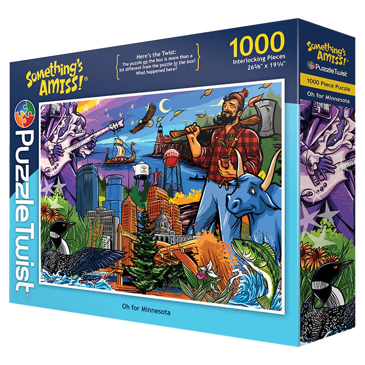 PuzzleTwist: Oh for Minnesota Puzzle is a 1000-piece jigsaw featuring colorful illustrations of Land of 10,000 Lakes landmarks and wildlife, with a lumberjack and wolf in the foreground.