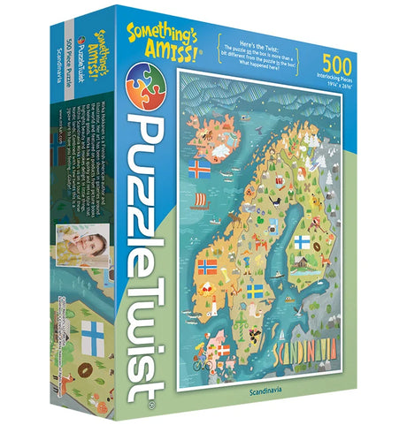 500 piece jigsaw puzzle box featuring an illustrated map of Scandinavia with Nordic flags and whimsical regional details. Artist credit: Mirka Hokkanen.