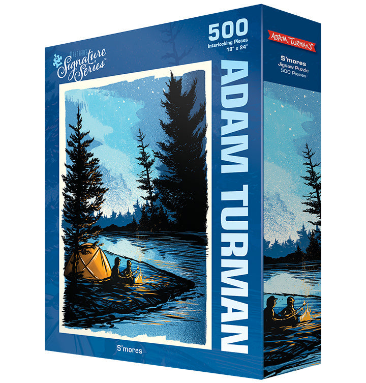 PuzzleTwist: S'mores by Adam Turman is a 500-piece premium jigsaw puzzle featuring a tent and campfire by a lake at dusk, surrounded by trees—perfect for outdoor lovers.