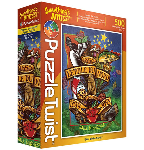 500-piece jigsaw puzzle with Minnesota-themed Adam Turman artwork and “Somethings Amiss!” text on the box. “Star of the North” visible in the design.