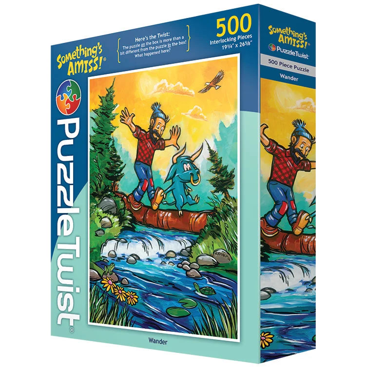 500-piece puzzle box showing a cartoon man and blue animal hiking by a river in a colorful forest, with trees and grass in the background.