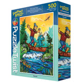 500-piece puzzle box showing a cartoon man and blue animal hiking by a river in a colorful forest, with trees and grass in the background.