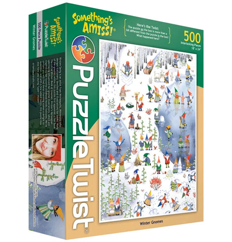 Puzzle with illustrations of Nordic gnomes standing in a snowy forest among trees, visible snow on the ground. Box displays 500 pieces.