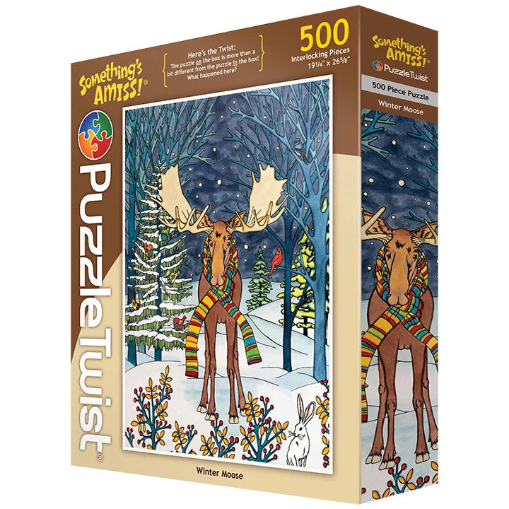 500-piece jigsaw puzzle showing a moose wearing a colorful scarf and a rabbit standing in a snowy forest with trees.